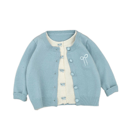 【BABY&KID】フェイクレイヤード蝶結び刺繍ニットカーディガンSK100213