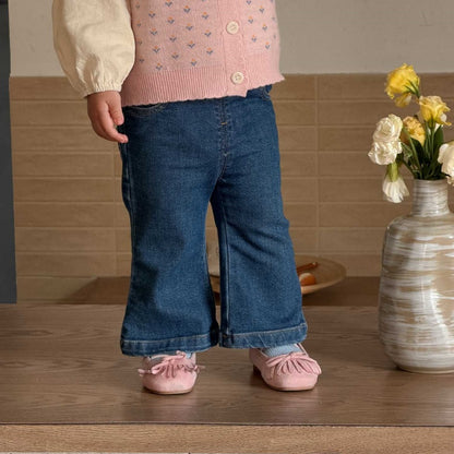【BABY&KID】花柄ニットベスト、二重レース襟ブラウス、デニムパンツSK104001