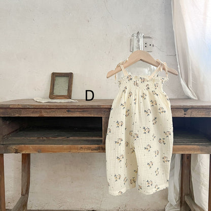 【BABY】コットン花柄半袖ロンパース、キャミロンパース、トップスセット、サロペットSK062112