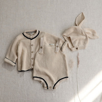 【BABY】無地ニットカーディガン、サロペットロンパース、大きな耳帽子SK101529