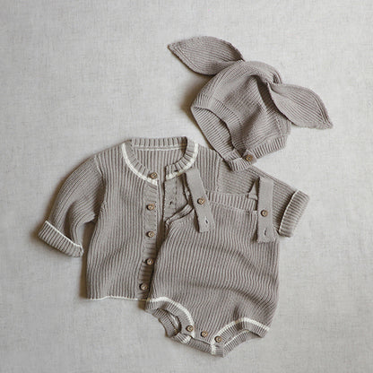 【BABY】無地ニットカーディガン、サロペットロンパース、大きな耳帽子SK101529