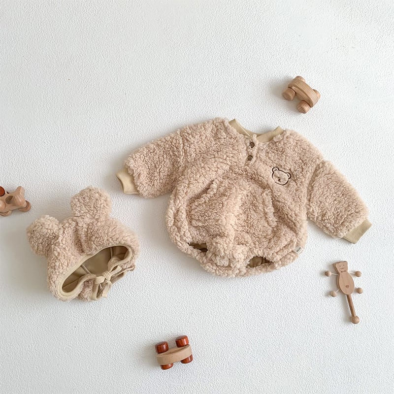 【BABY】冬新作クマ柄帽子付き起毛ロンパース　全2色SK11389
