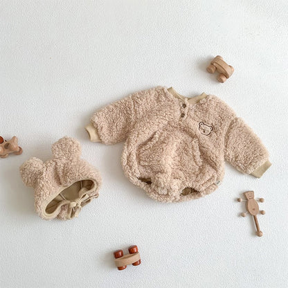【BABY】冬新作クマ柄帽子付き起毛ロンパース　全2色SK11389