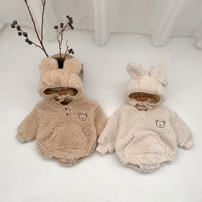 【BABY】冬新作クマ柄帽子付き起毛ロンパース　全2色SK11389