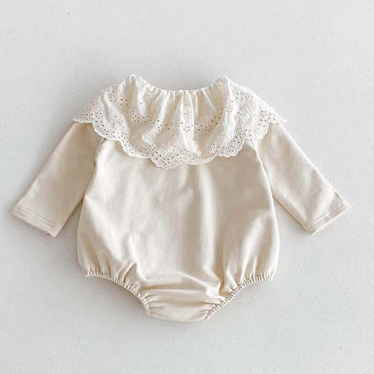 【BABY】花刺しゅう入りレース襟無地ロンパース２色SK11360
