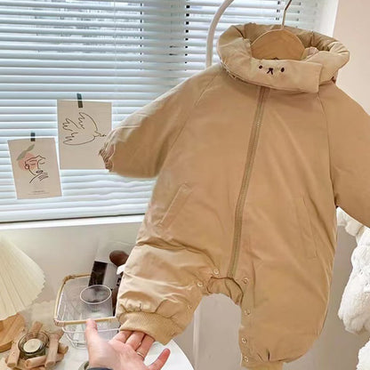 【BABY&KID】冬新作ネコ柄帽子付き中綿キルティングオールインワン　全2色SK11386
