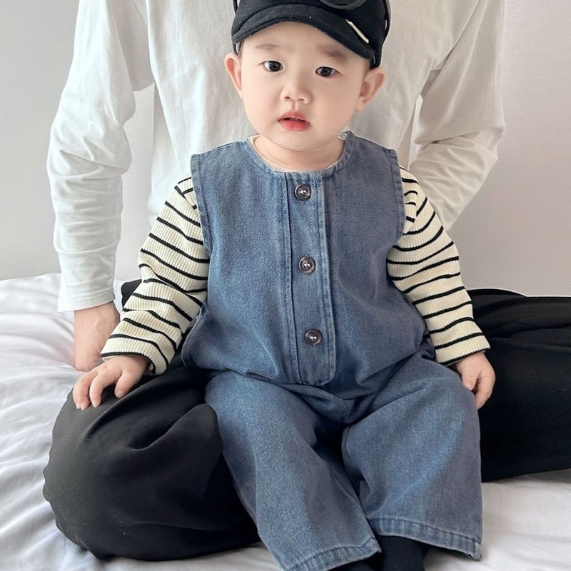 【BABY】デニムノースリーブサロペット、ボーダーＴシャツSK051305