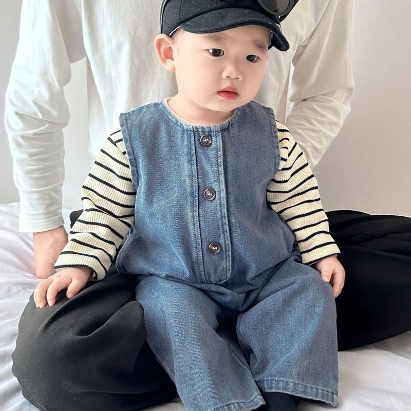 【BABY】デニムノースリーブサロペット、ボーダーＴシャツSK051305